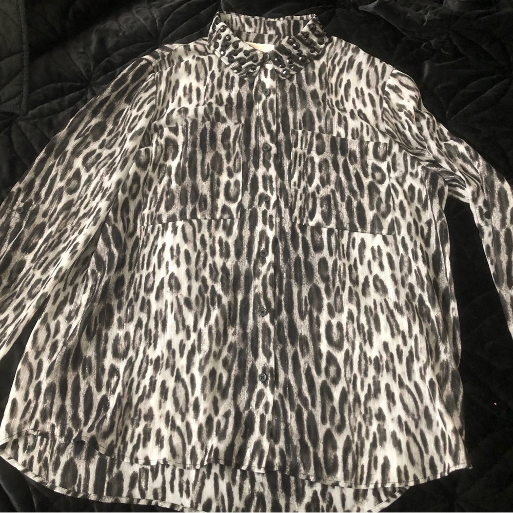 Michael Kors Sheet Leopard Print Button Down Studded Blouse